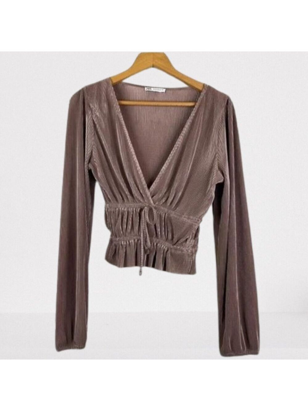 Zara Mocha Shimmery Plunge Neck Ruffle Hem Tie Front Balloon Sleeve Blouse. - Picture 2 of 16